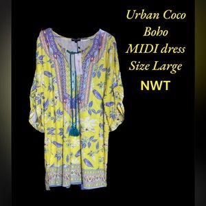 Urban Coco boho midi dress yellow NWT Sz Large frm shoulder to bottom hem is 35”